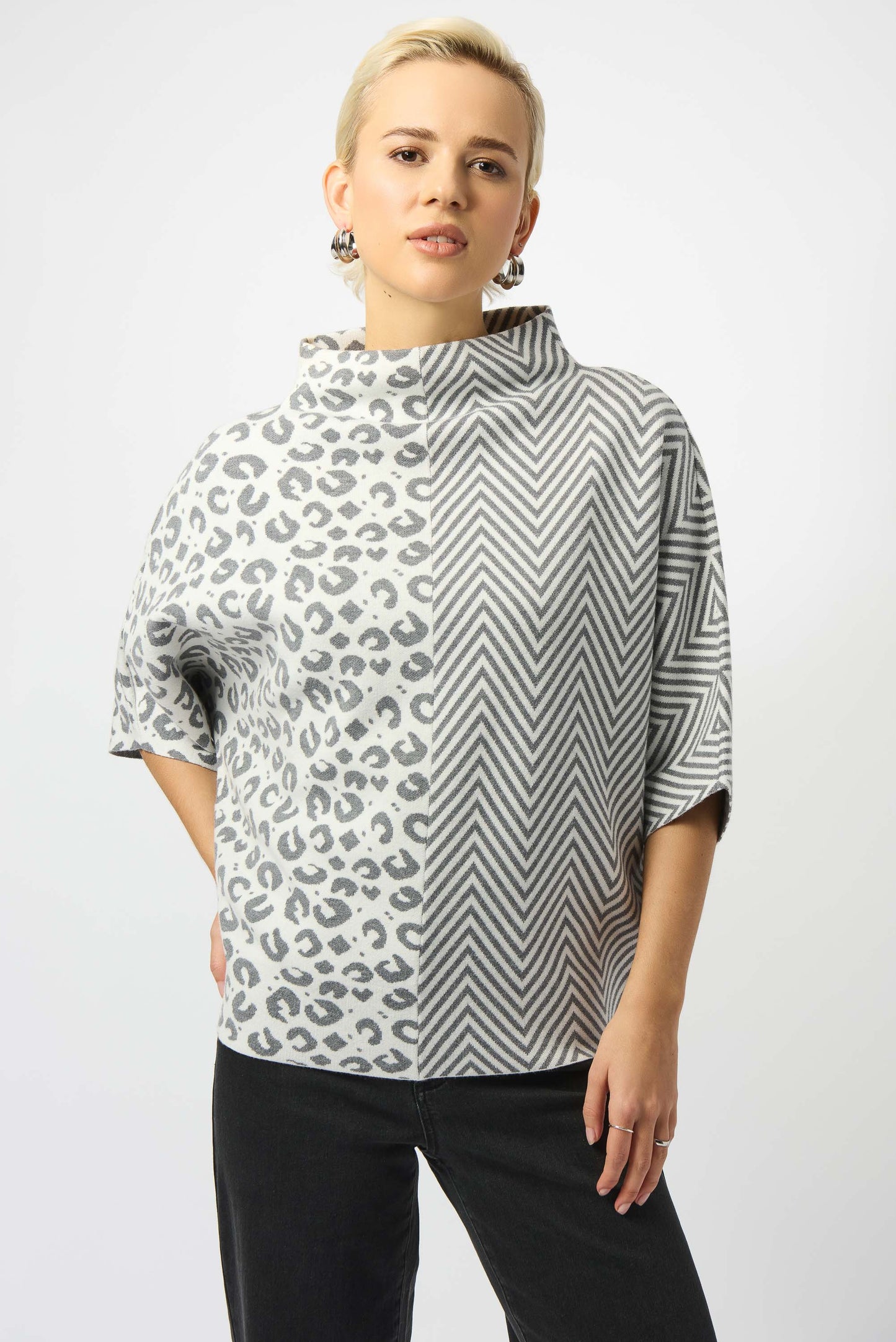 Jacquard Knit Mixed Print Boxy Sweater | Vanilla/Grey