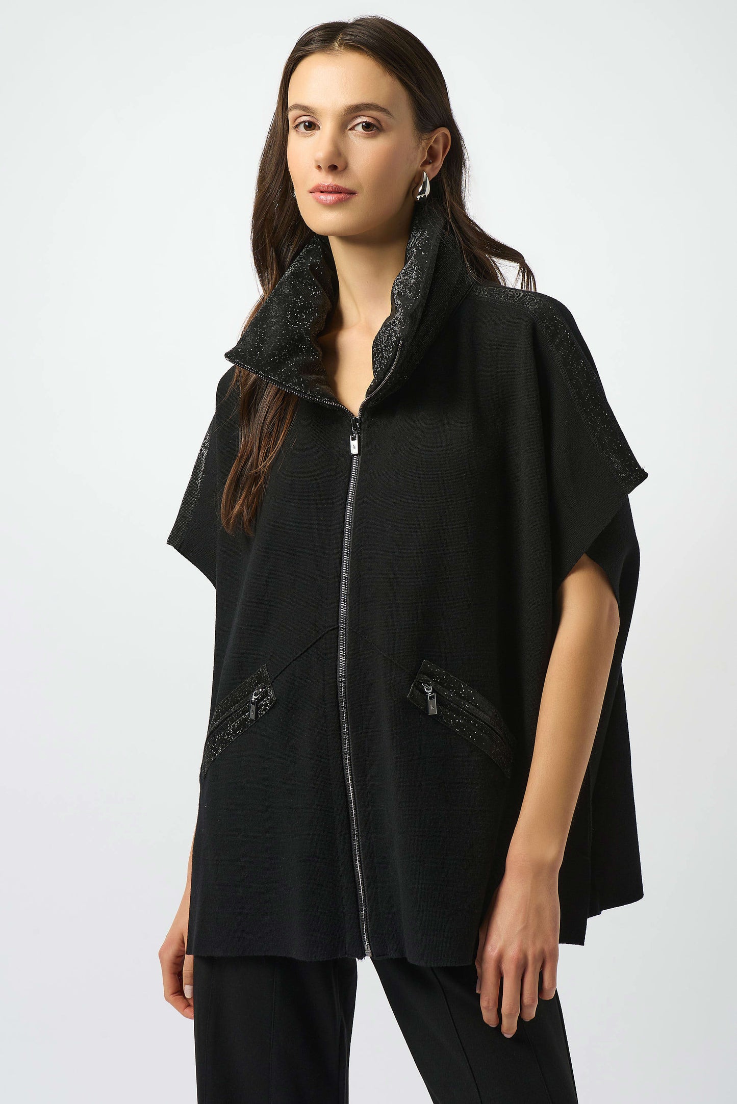 Faux Leather Trim Zip Poncho | Black