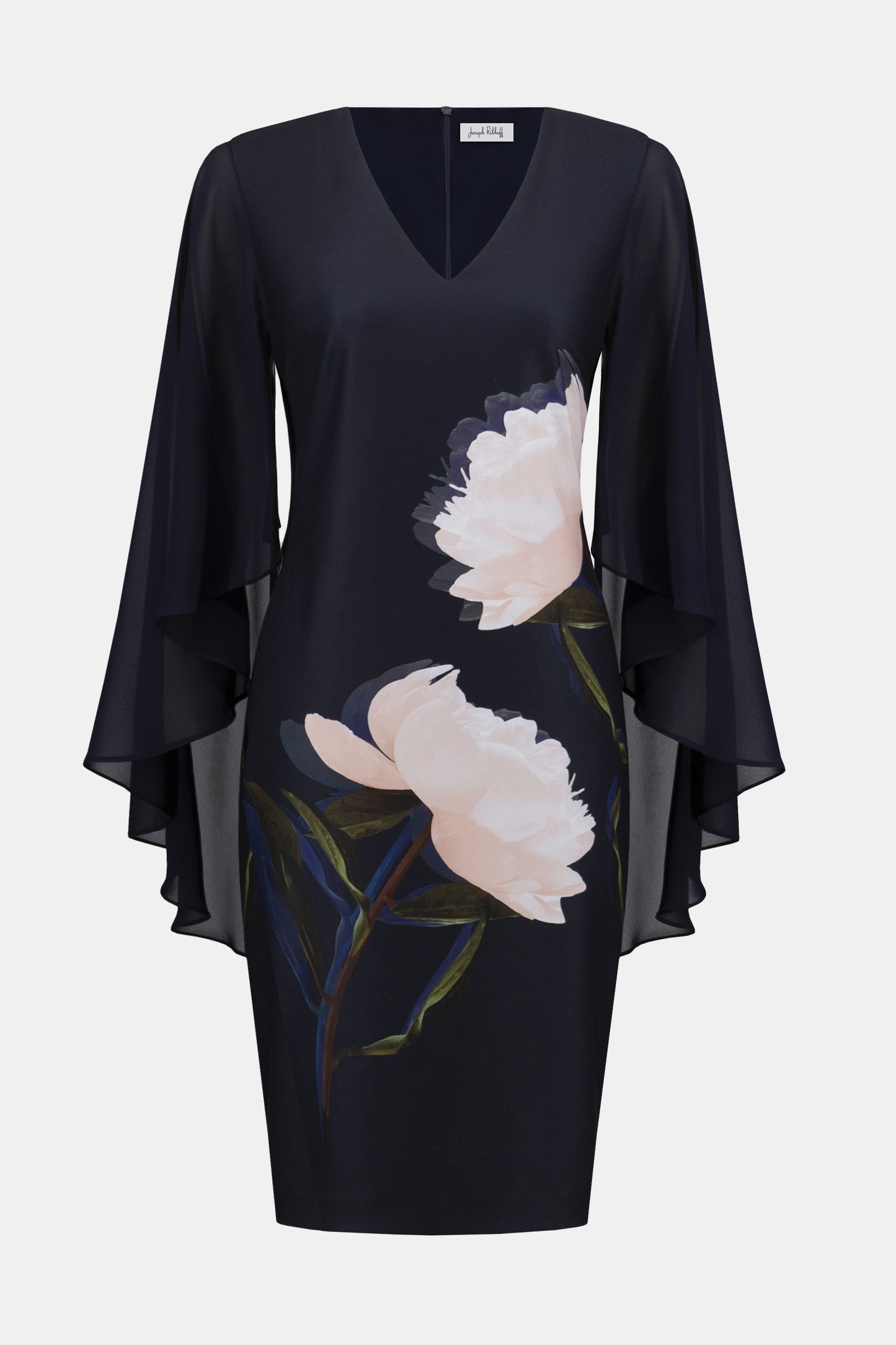 Silky Knit & Chiffon Floral Placement Sheath Dress |Midnight Blue