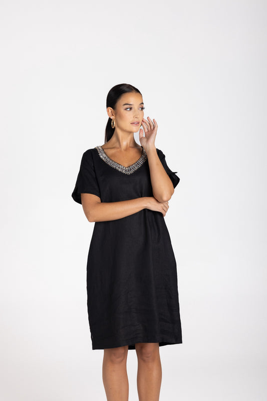 Linen V-Neck Beaded Dress | Black