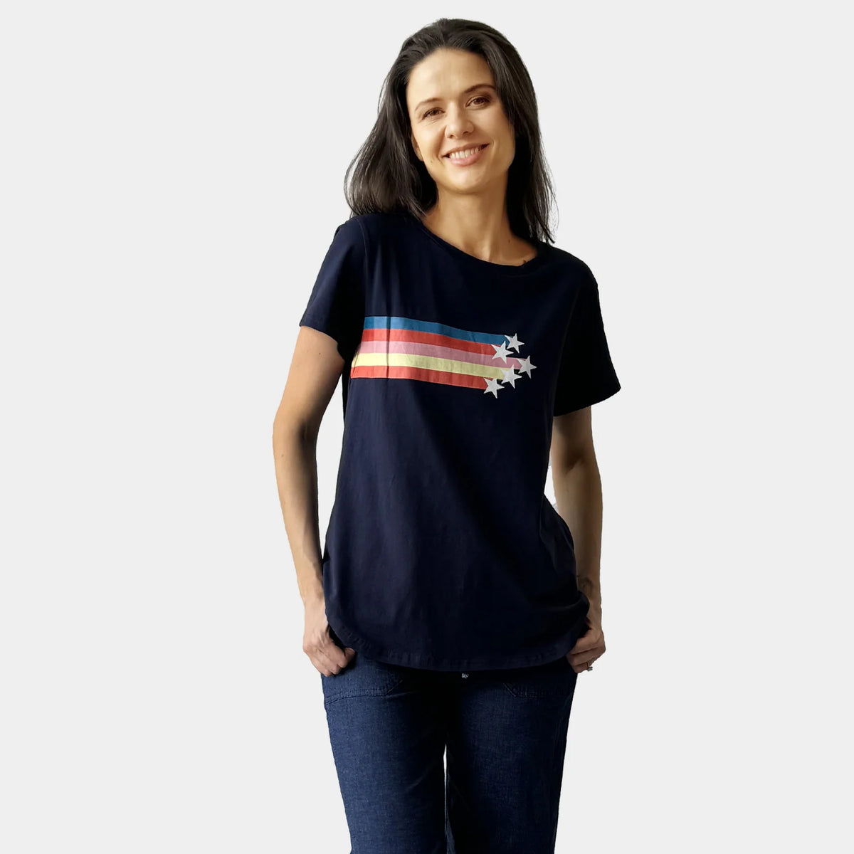 Rainbow Star Print Tee | Navy