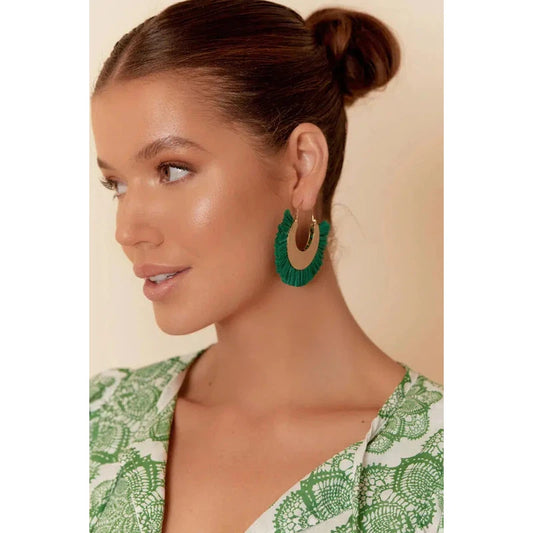 Curved Plate Rafia Earrings | Green/Gold-Adorne-Shop 12 Bendigo