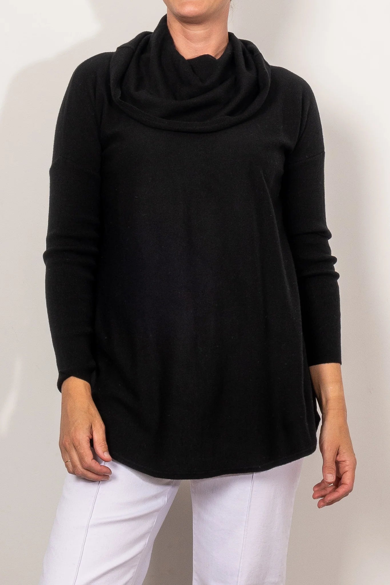 Kylie Cowl Neck Curve Hem Pullover | Black