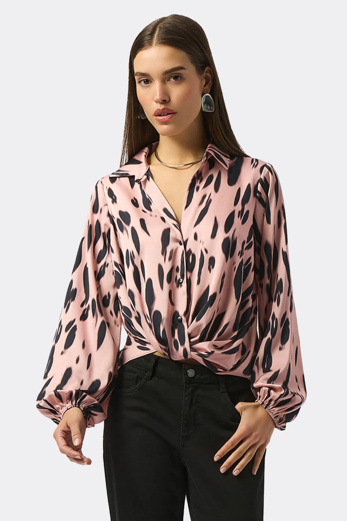 Draped Satin Animal Print Blouse | Pink/Black