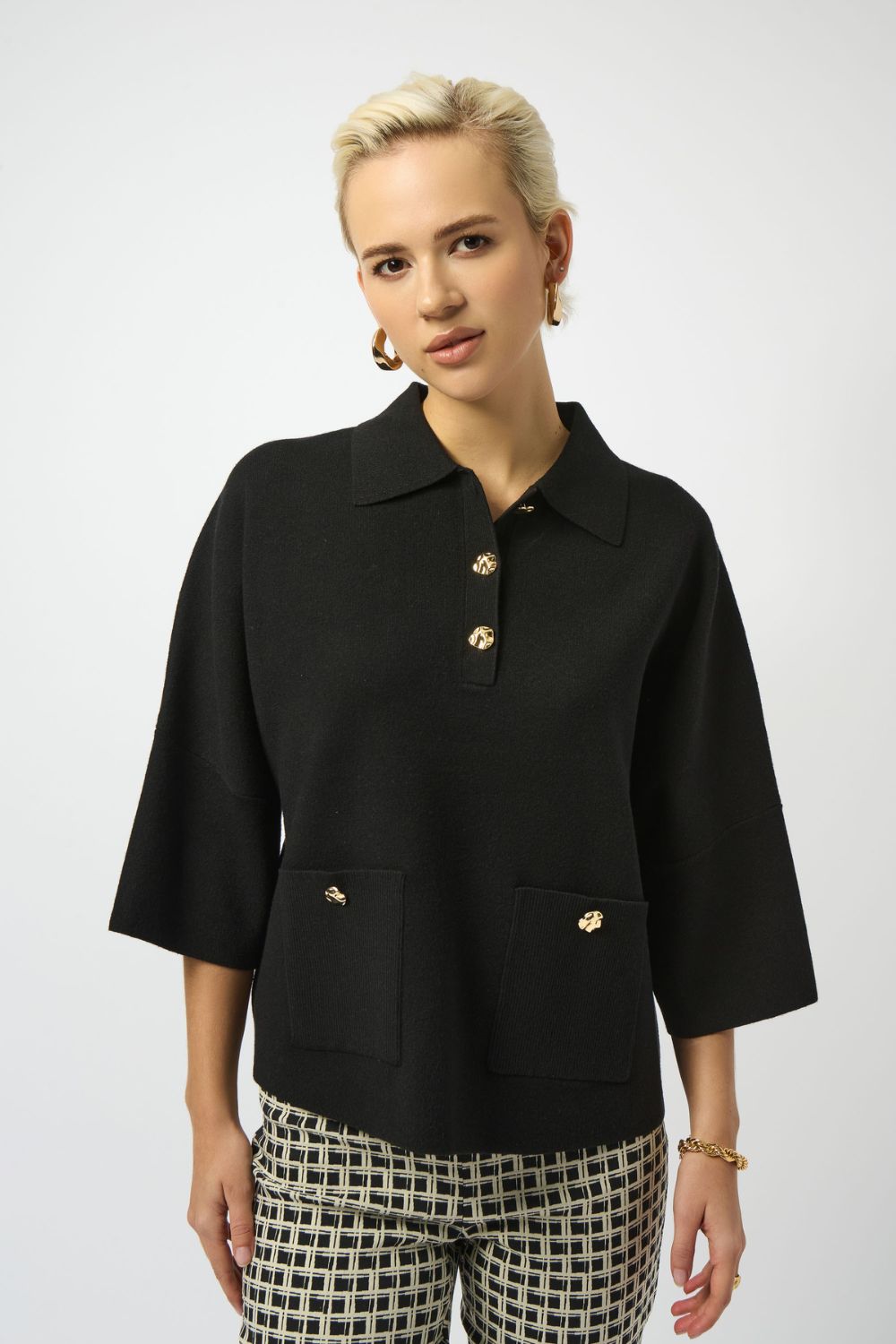 Boxy Sweater Knit With Polo Collar | Black
