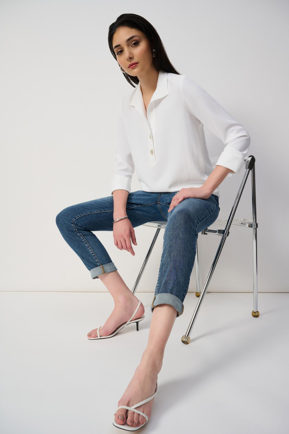 Slim Fit Cropped Jeans With Rolled Hem | Denim Medium Blue