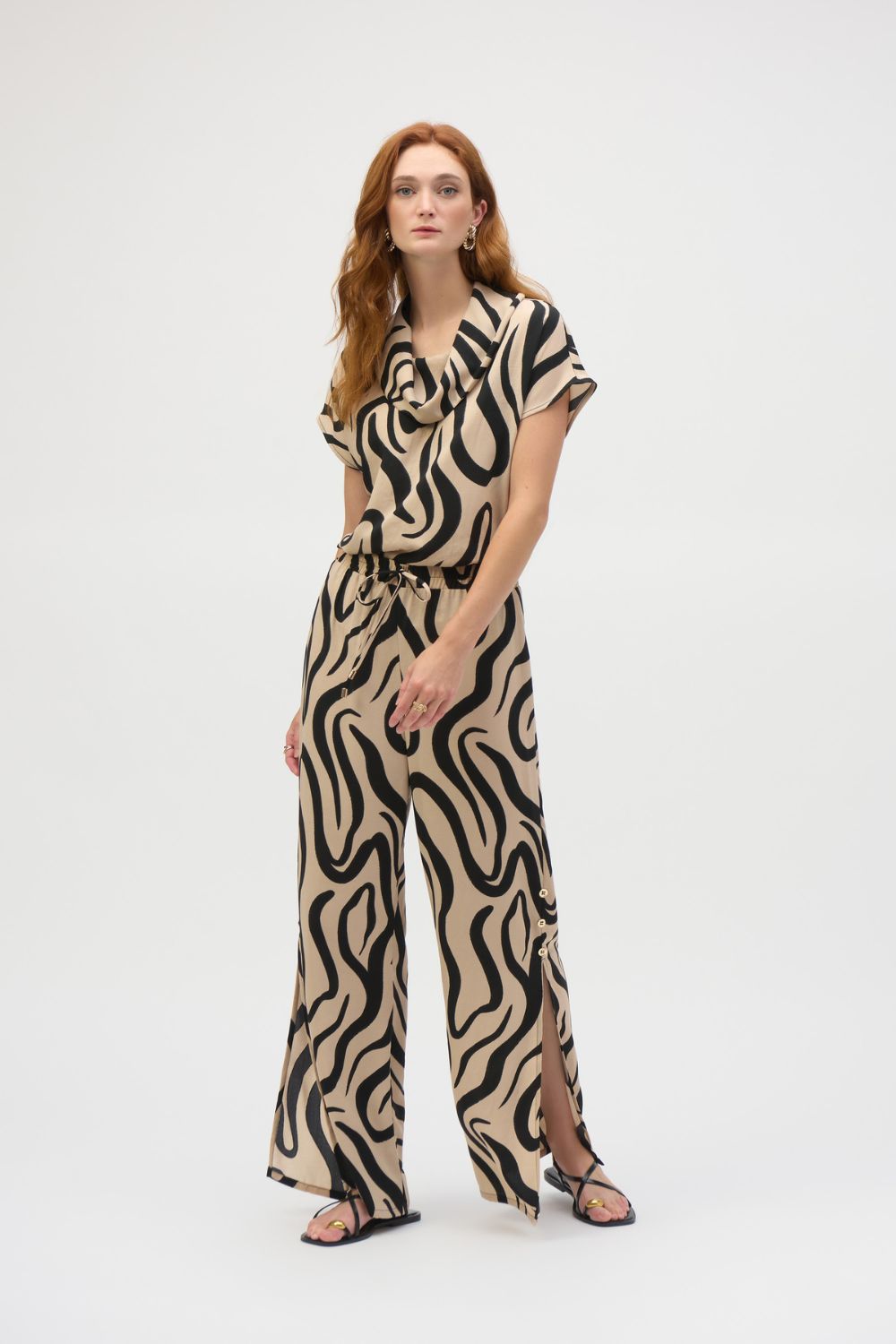 Gauze Abstract Print Wide Leg Pants | Beige/Black