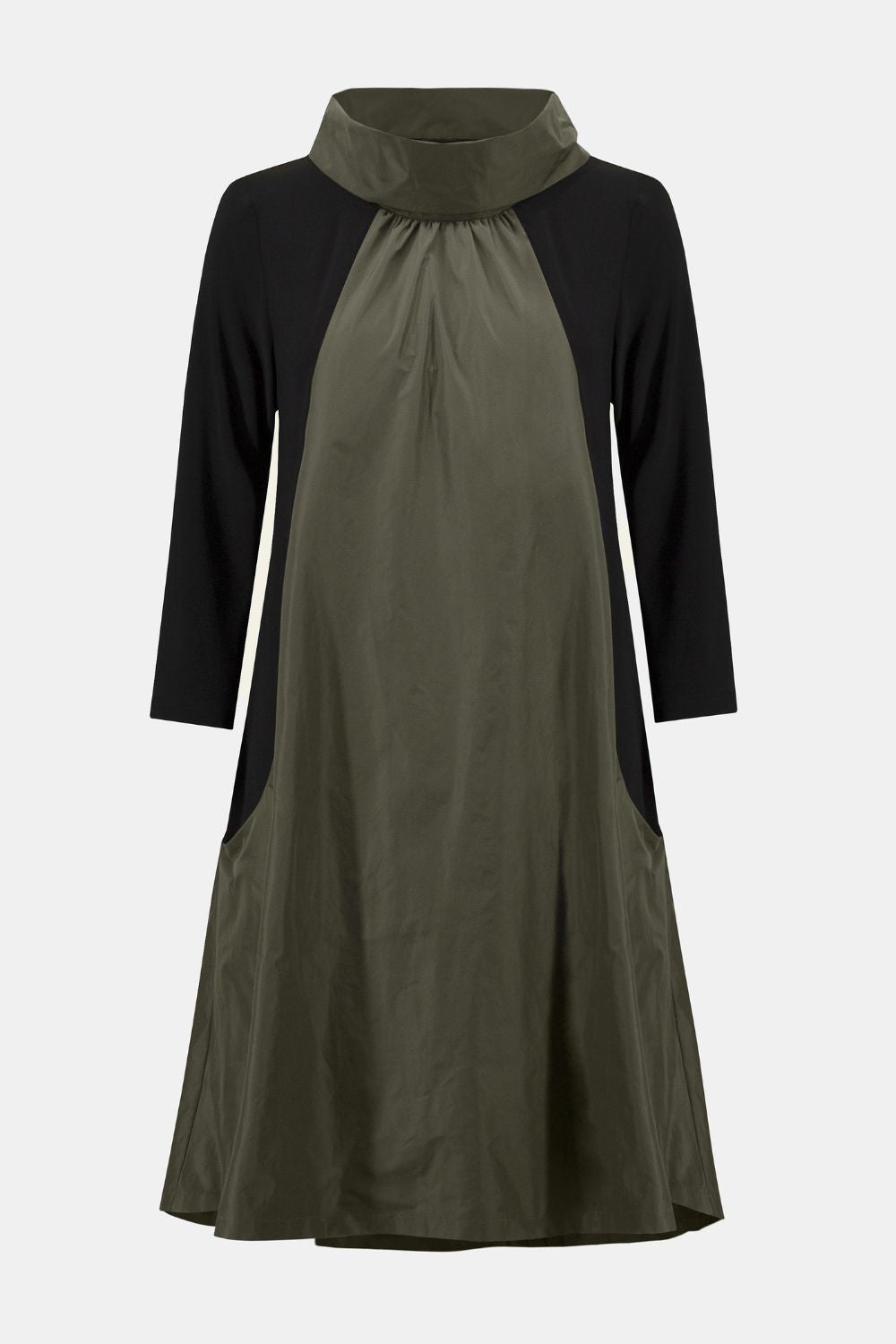 Silky Knit & Memory Colour Block Dress | Black/Avocado
