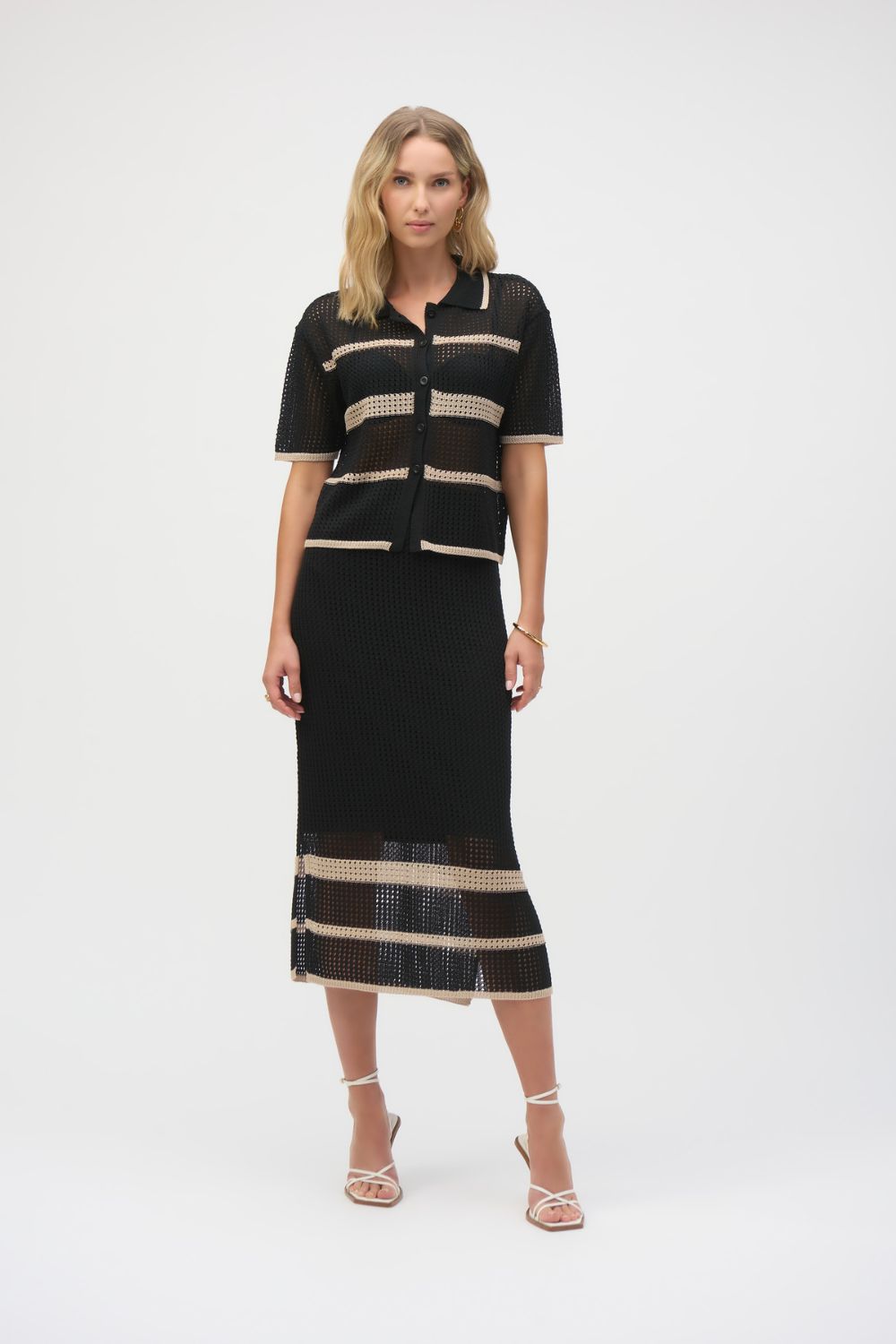 Sweater Knit Open Stitch Stripe Cover Up | Black/Parchment