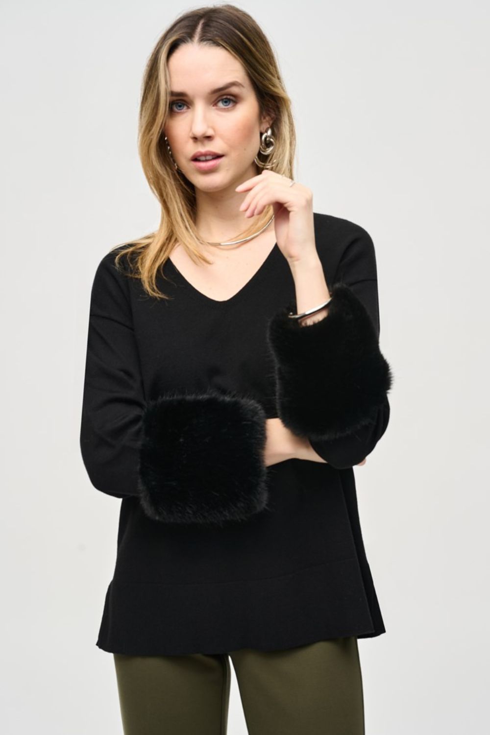 Joseph Ribkoff Sweater Knit Tunic With Faux Fur Cuffs | Black_Shop 12