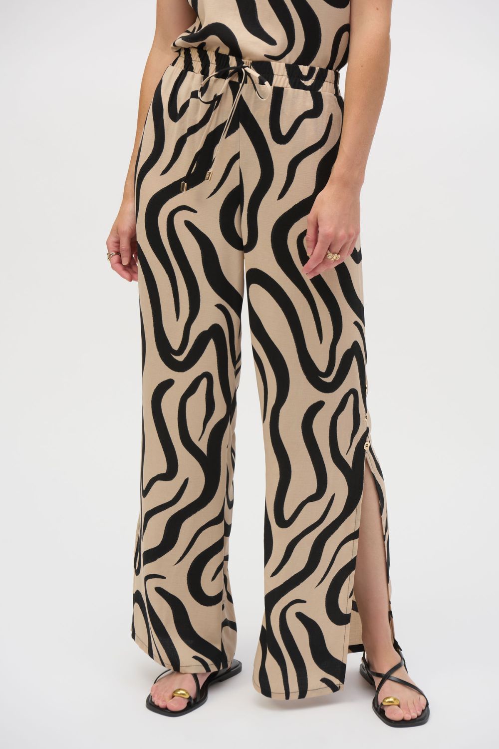 Gauze Abstract Print Wide Leg Pants | Beige/Black