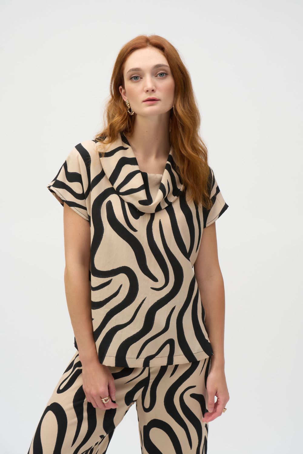 Gauze Abstract Print Cowl Neck Top | Beige/Black