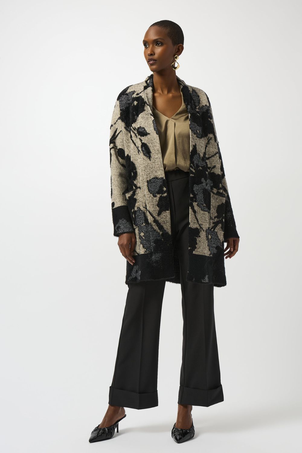 Abstract Jacquard Long Cardigan | Champagne/Black