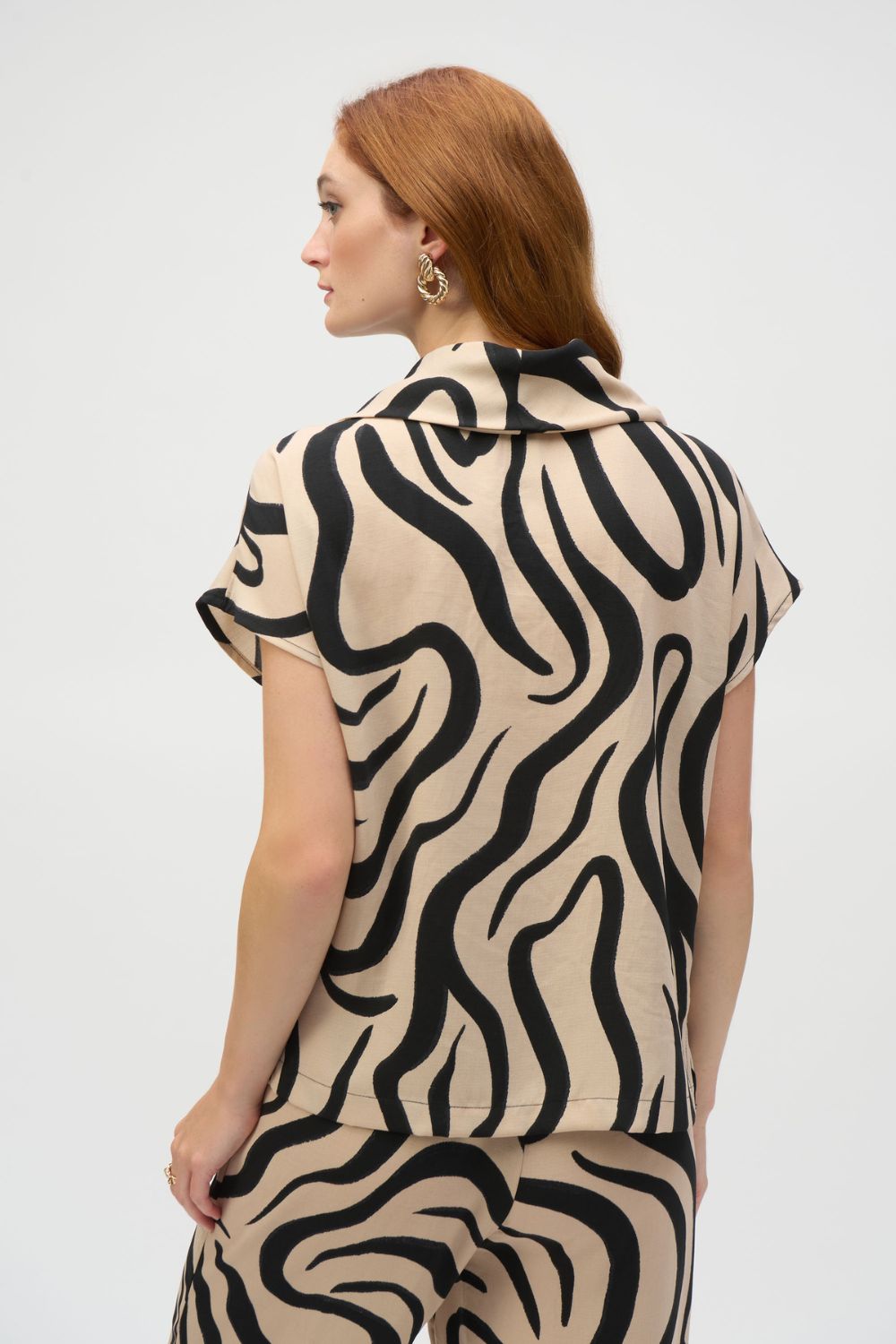 Gauze Abstract Print Cowl Neck Top | Beige/Black