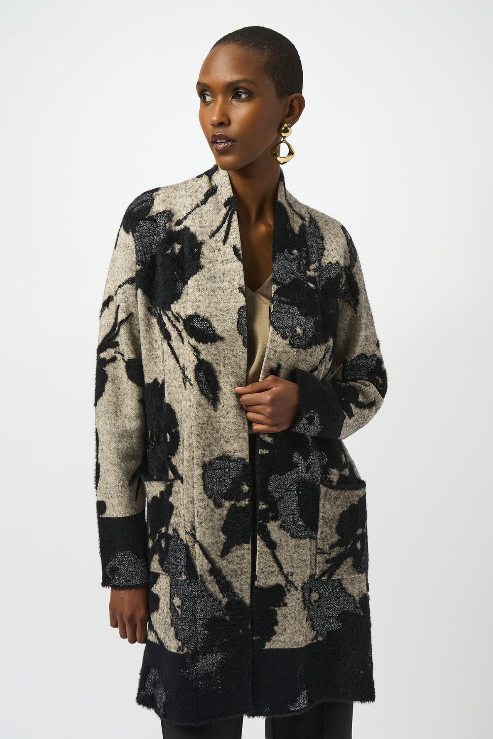 Abstract Jacquard Long Cardigan | Champagne/Black