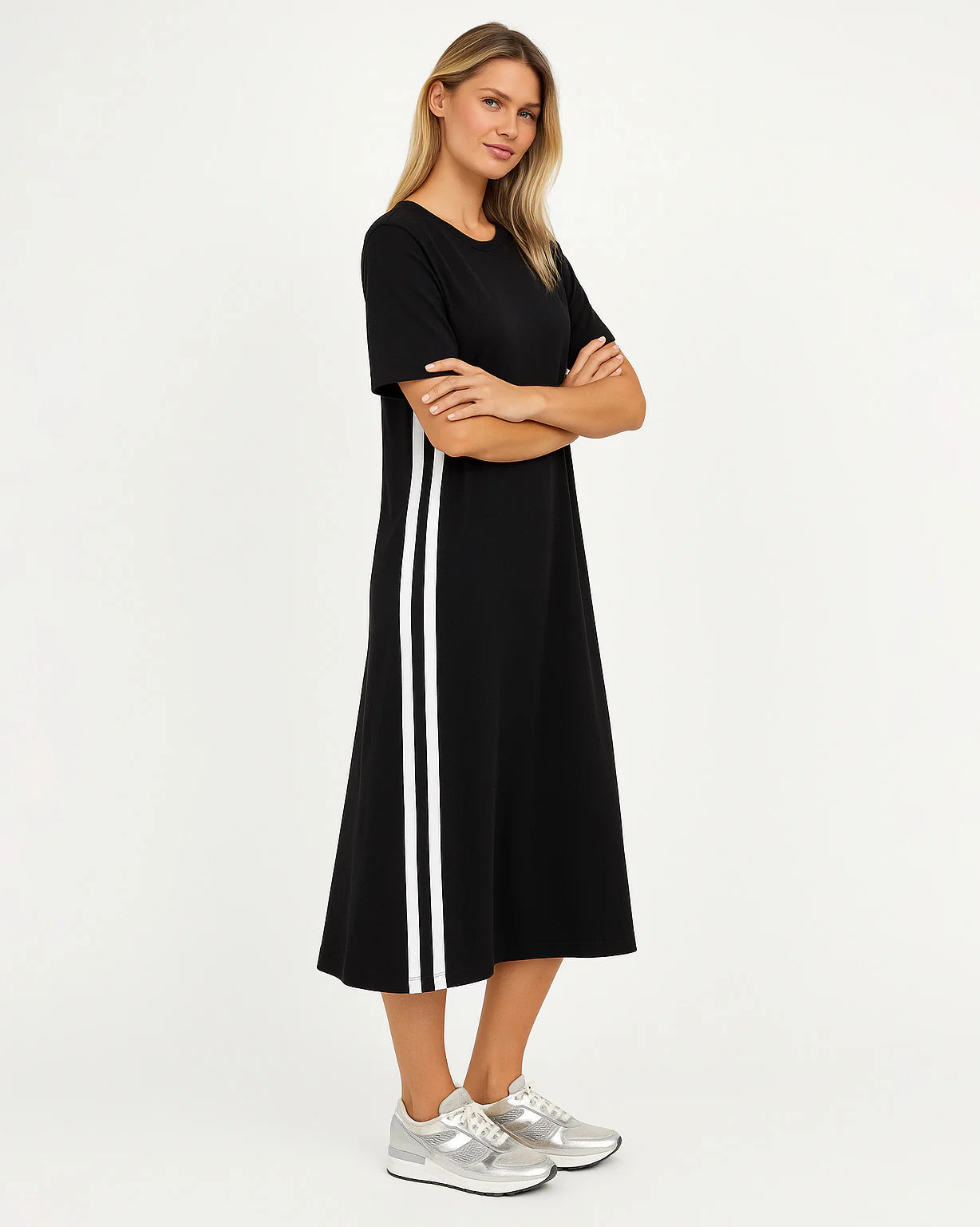 Side Stripe Jersey Dress | Black/White