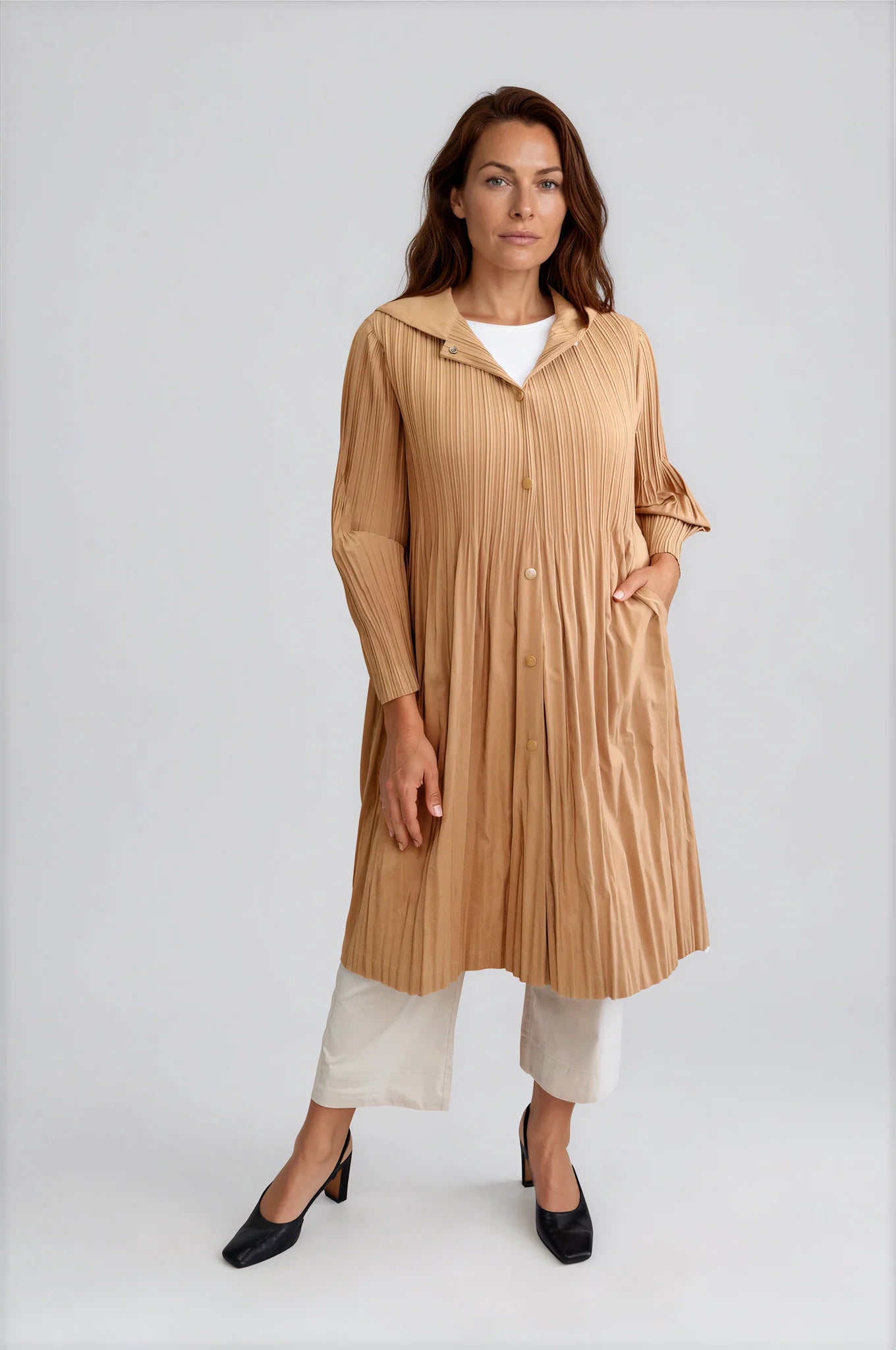 Pleated Hooded Coat | Beige