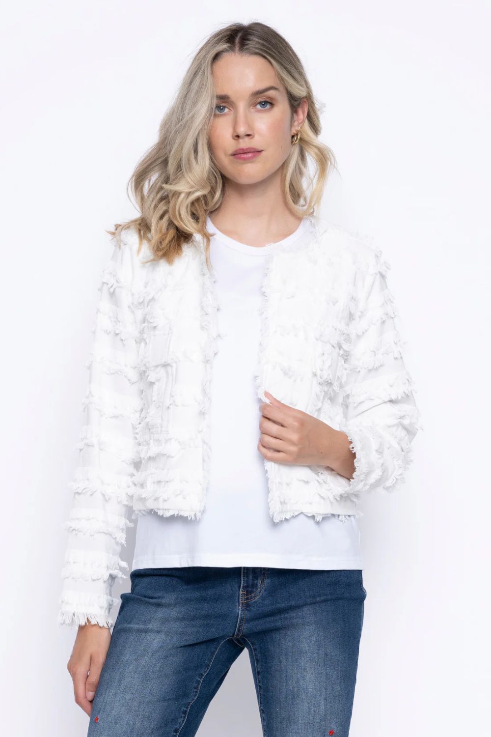 Collarless Fringed Jacket | White