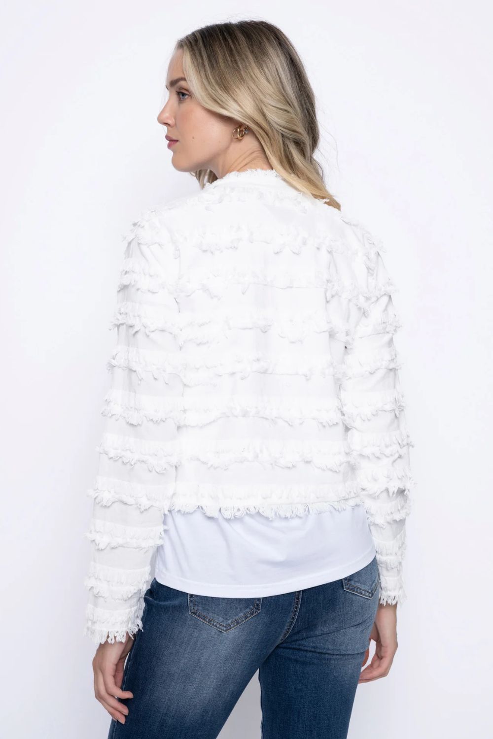 Collarless Fringed Jacket | White