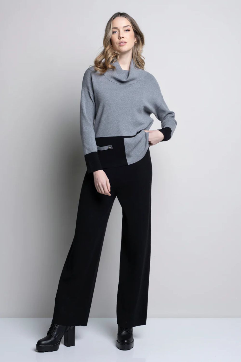 Cowl Neck Trim Top | Grey/Black