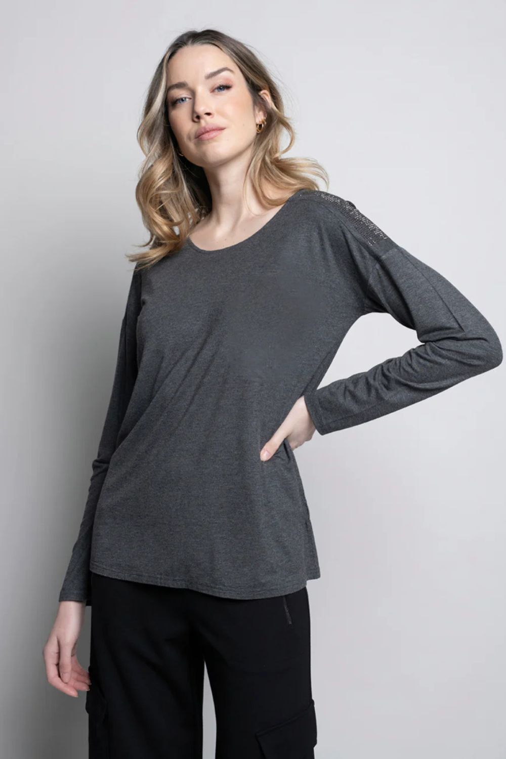 Rhinestone Yoke Top | Heather Charcoal