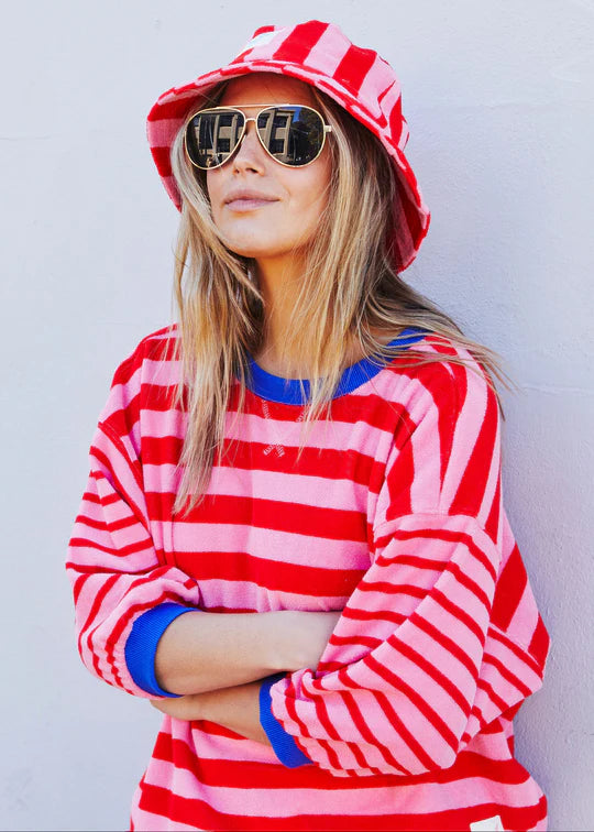 Sripe 3/4 Sleeve Sweat | Pink Red