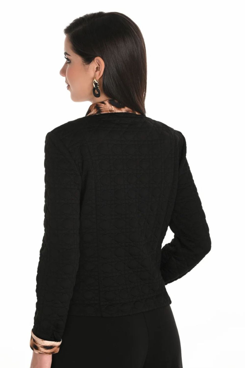 Quilted Jacket with Animal Print Detail | Black
