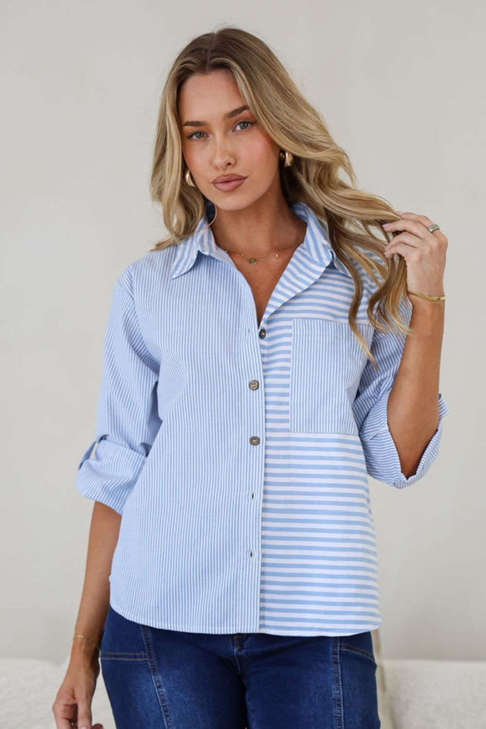 Spliced Stripe Sutton Shirt | Blue/White