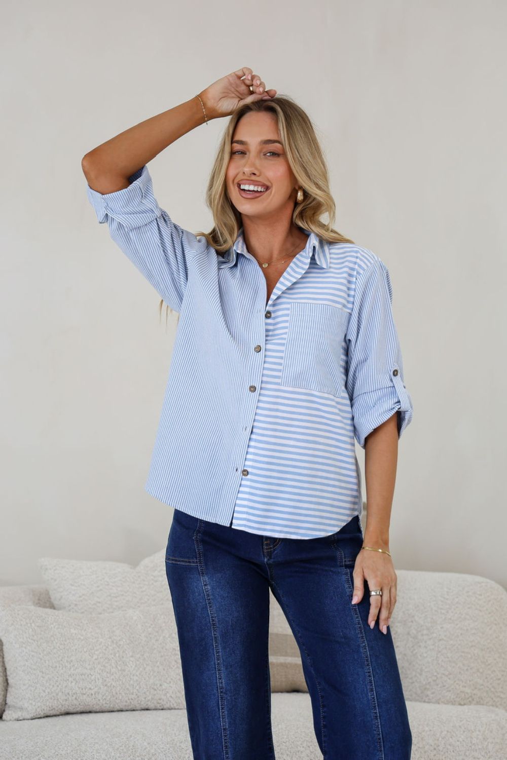 Spliced Stripe Sutton Shirt | Blue/White