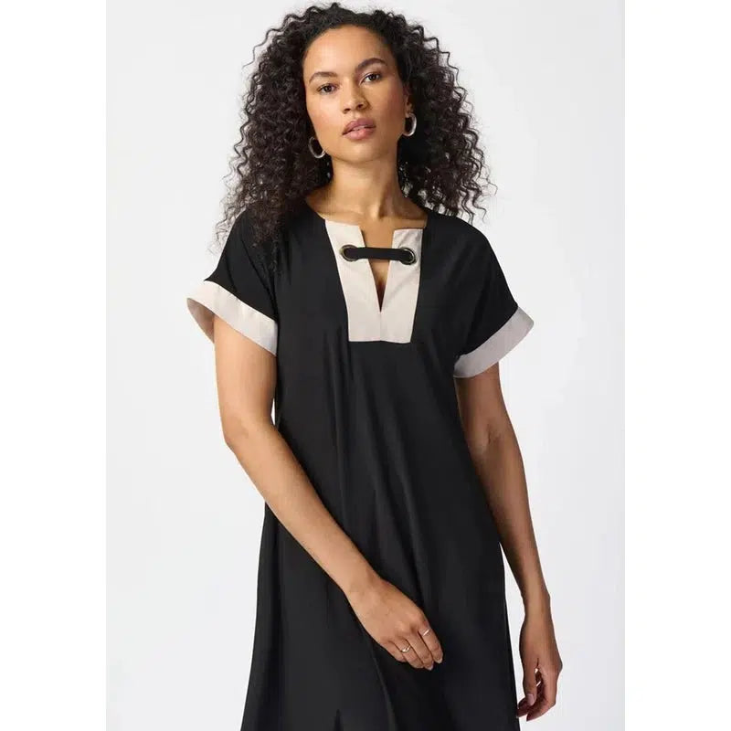 Silky Knit Block A-Line Dress | Black/Moonstone-Joseph Ribkoff-Shop 12 Bendigo