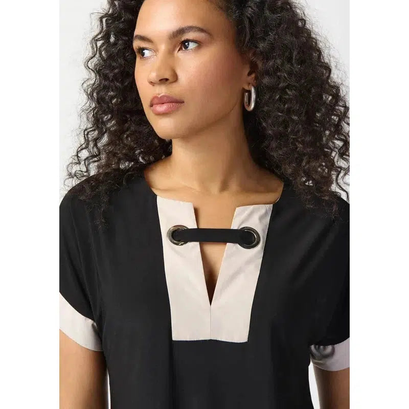 Silky Knit Block A-Line Dress | Black/Moonstone-Joseph Ribkoff-Shop 12 Bendigo