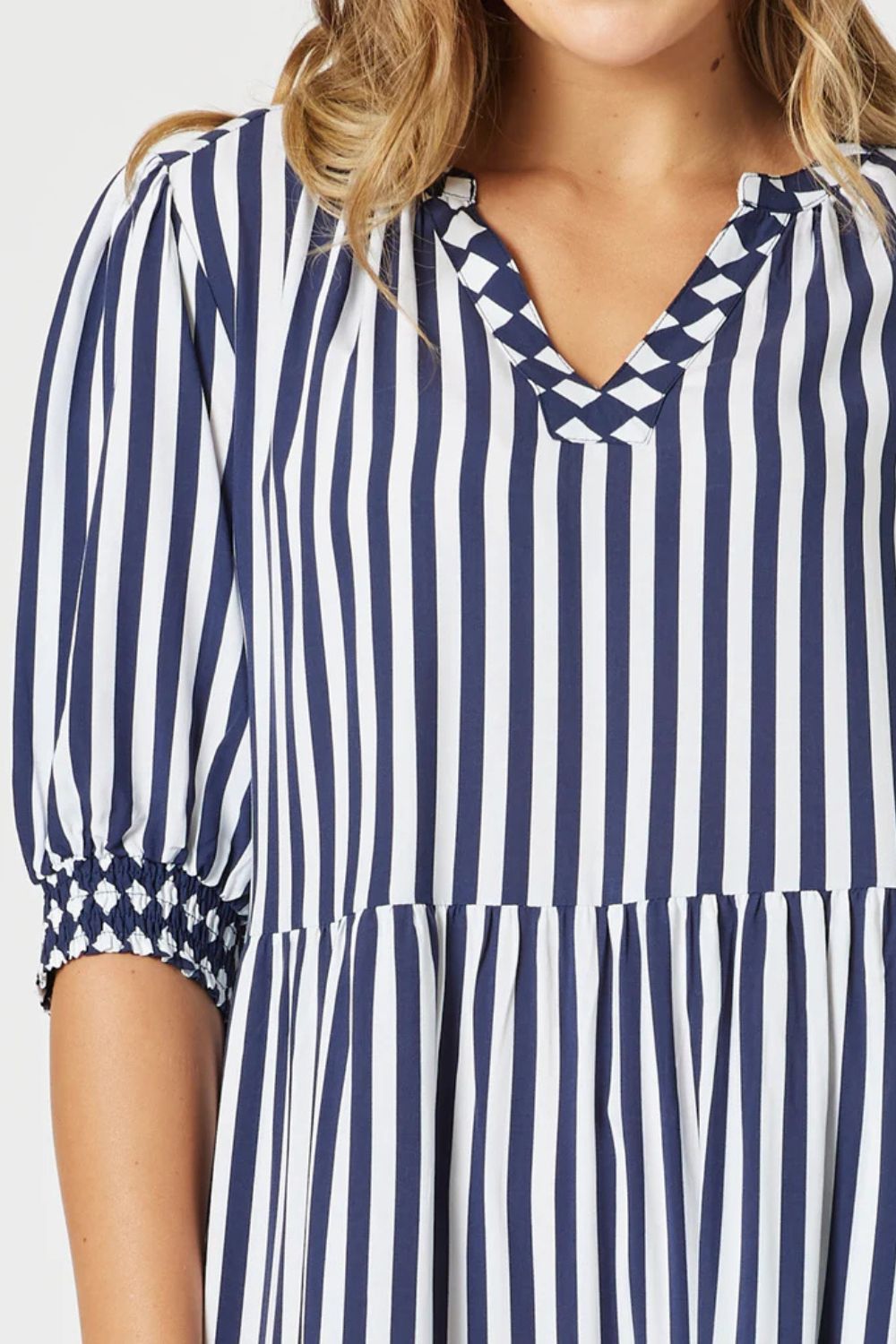 Harlequin Stripe Tier Dress | Navy/White