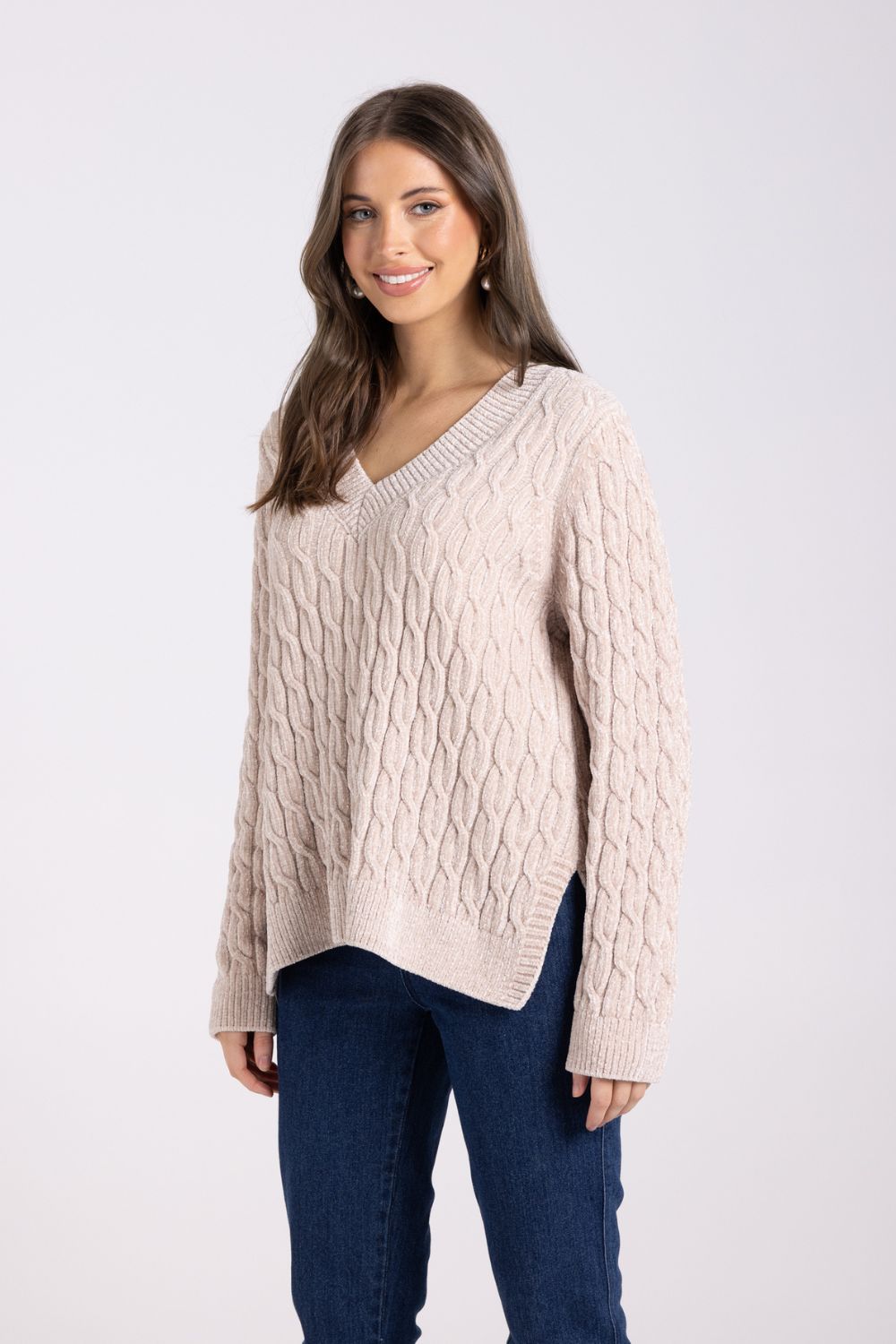 Chenille V Neck Cable Knit | Latte