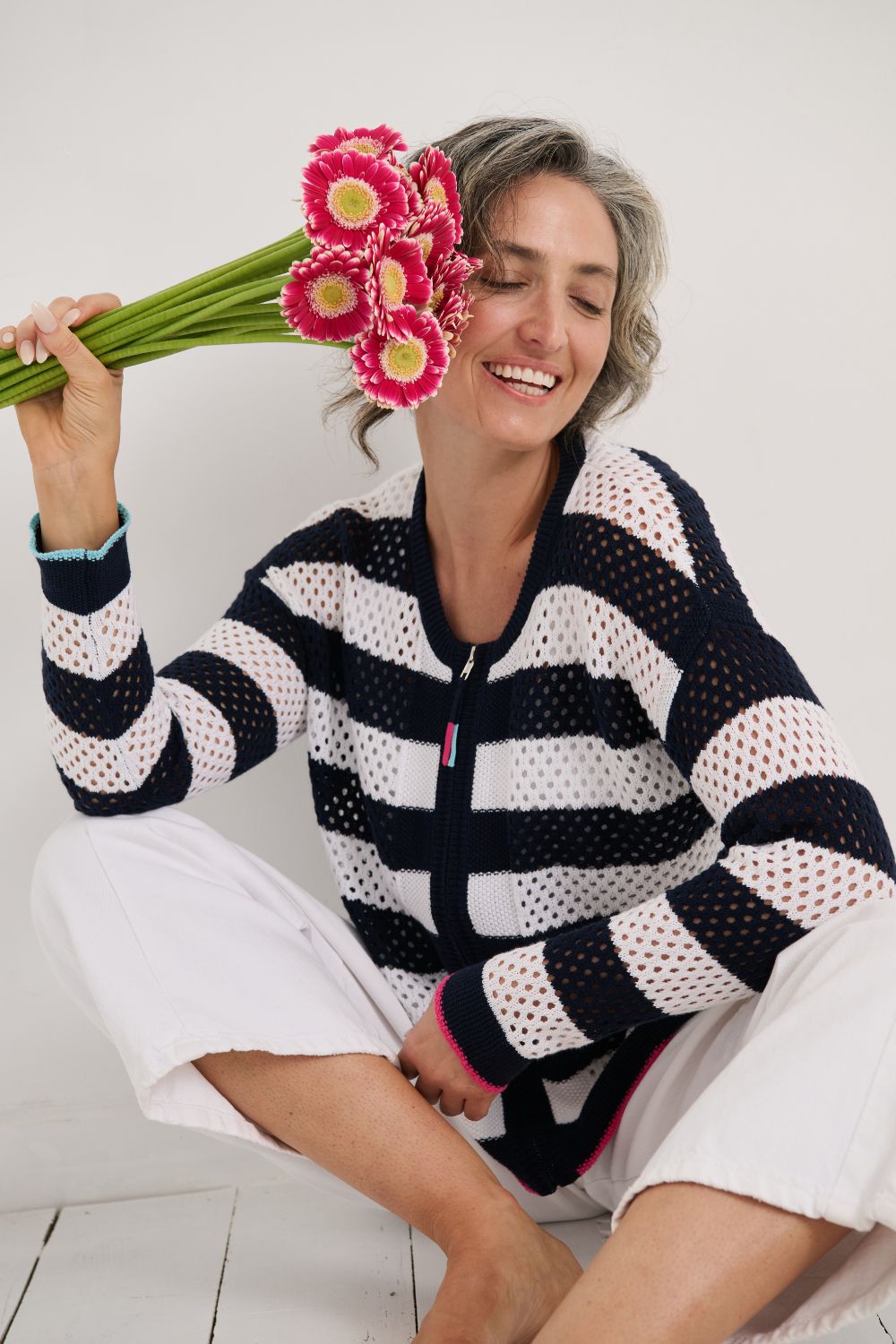Pointelle Zip Cardi | Navy