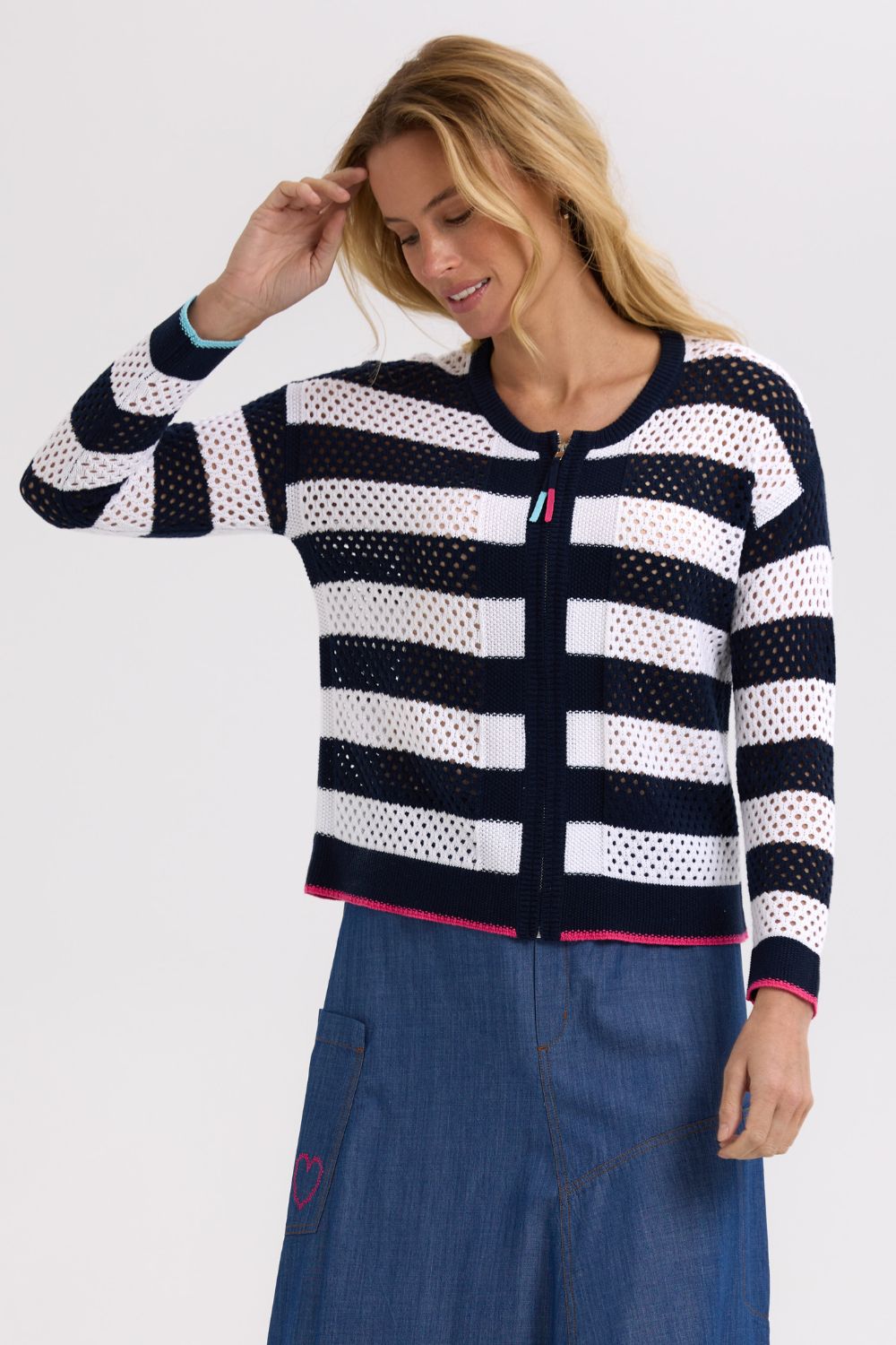 Pointelle Zip Cardi | Navy