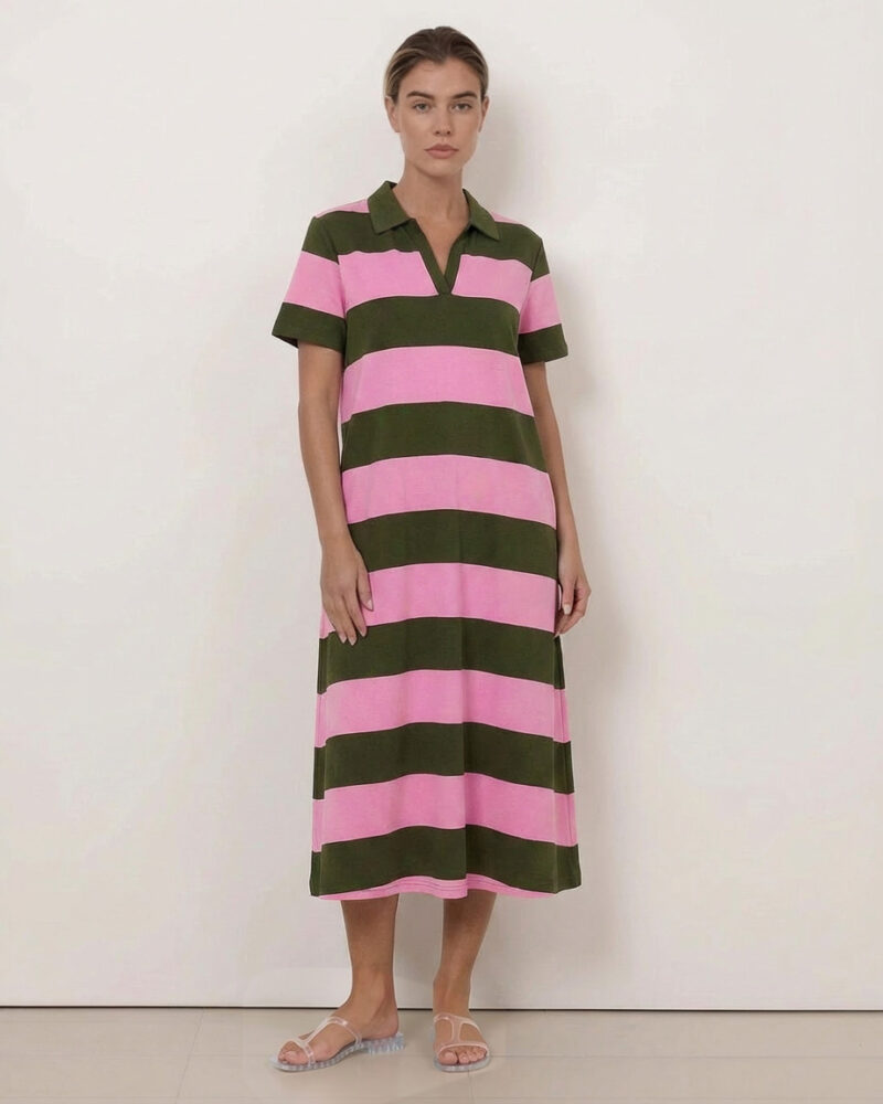 Polo Stripe Dress | Khaki/Pink