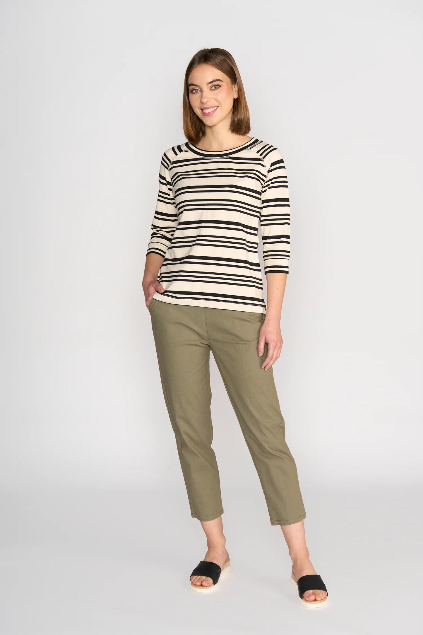 3/4 Sleeve Top | Black/Ecru