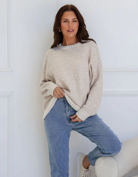 Tilly Blanket stitch Jumper | Latte/White