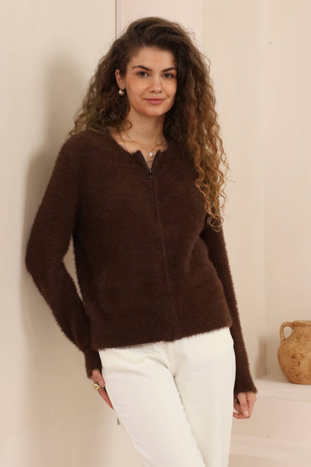 Halo Zipper Cardigan | Chocolate