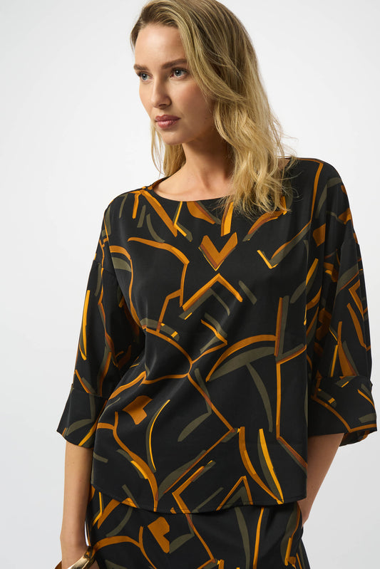 Recycled Woven Geometric Print Boxy Top | Black Multi