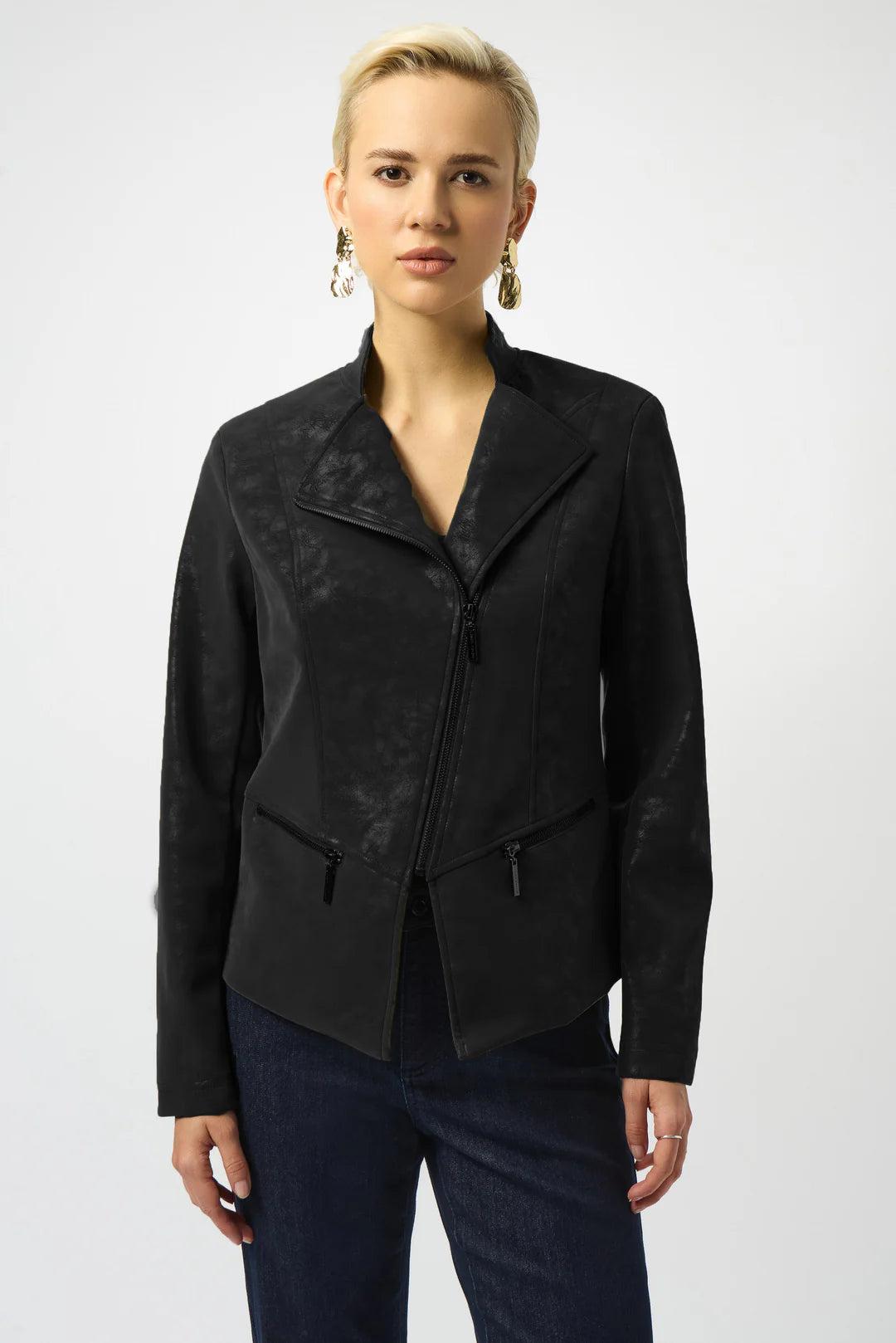 Foiled Faux Suede Fitted Moto Jacket | Black