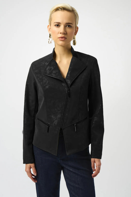 Foiled Faux Suede Fitted Moto Jacket | Black
