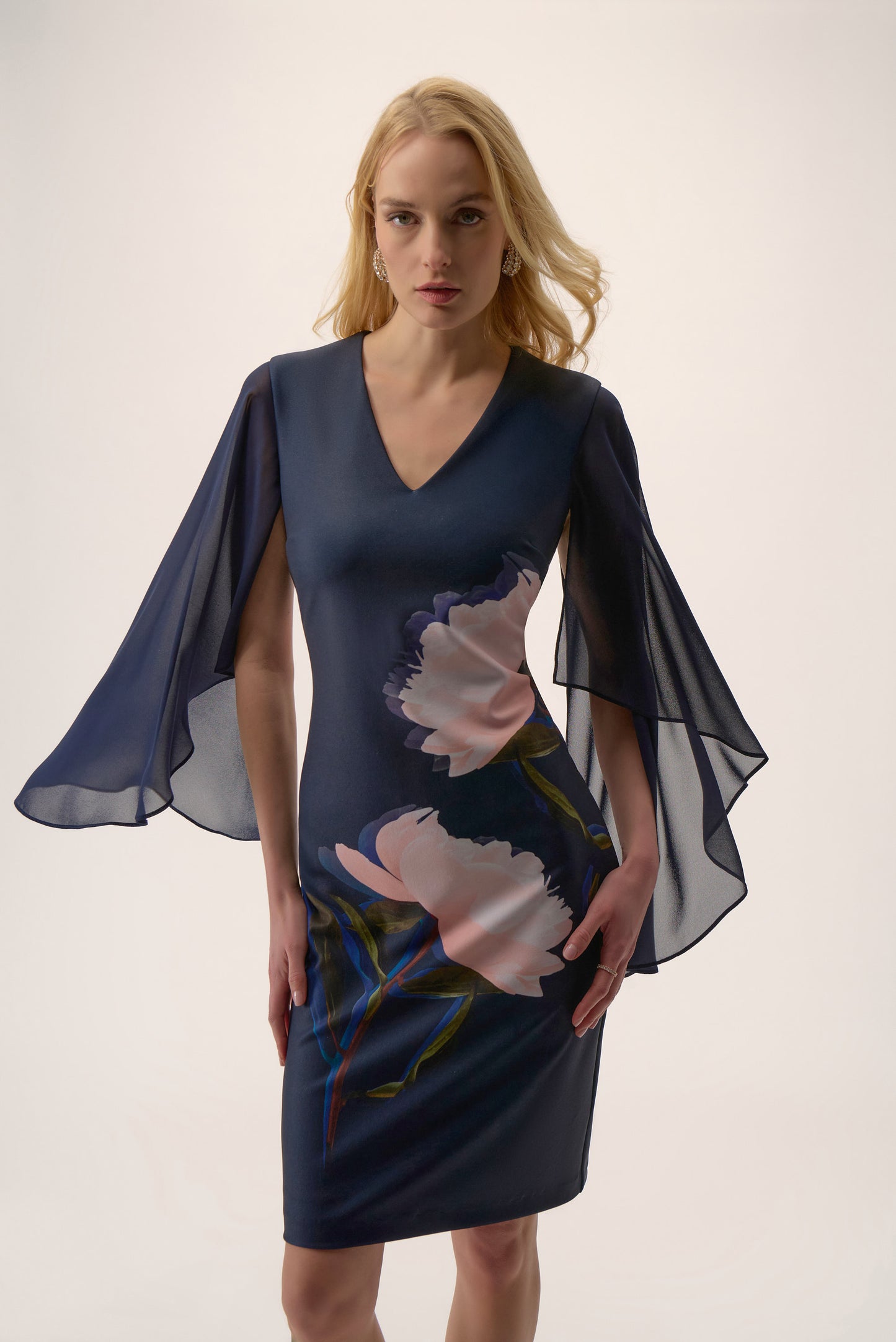 Silky Knit & Chiffon Floral Placement Sheath Dress |Midnight Blue