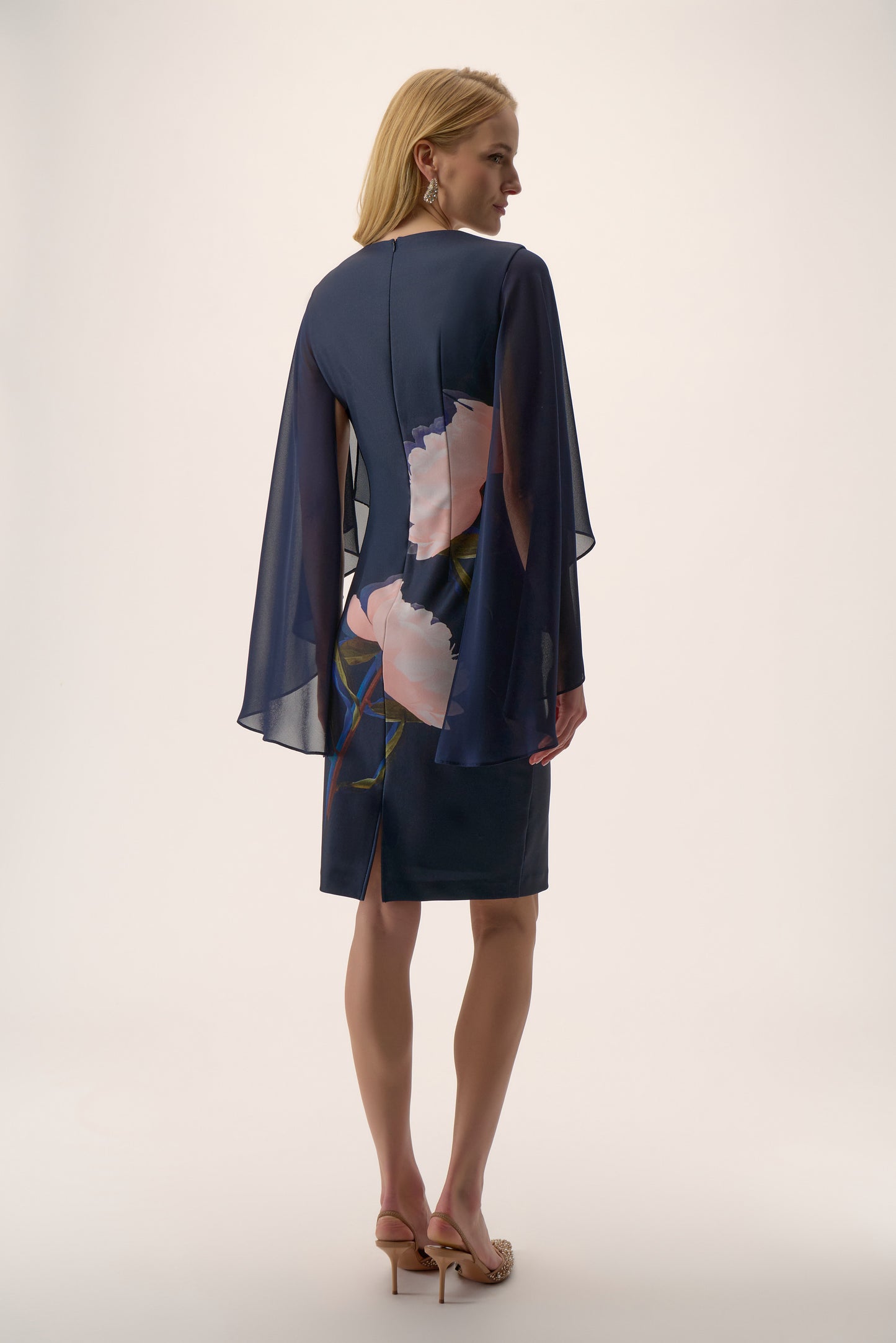 Silky Knit & Chiffon Floral Placement Sheath Dress |Midnight Blue