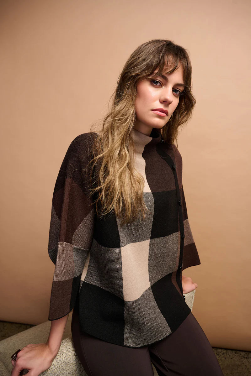 Checkered Mock Neck Sweater | Mocha/Black
