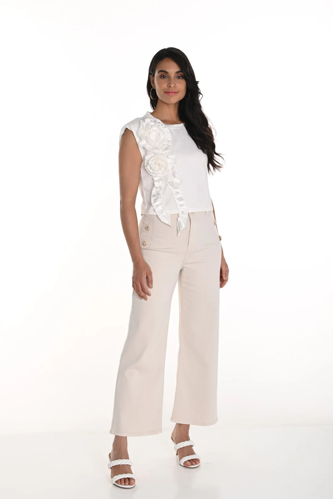 Wide Leg Button Trim Jean | Light Beige