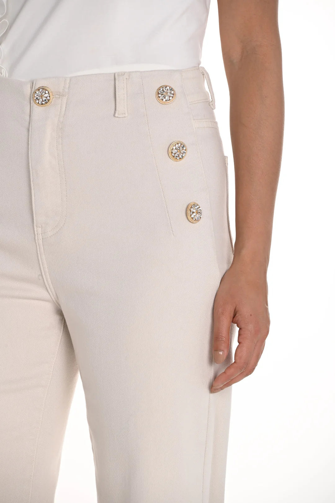 Wide Leg Button Trim Jean | Light Beige