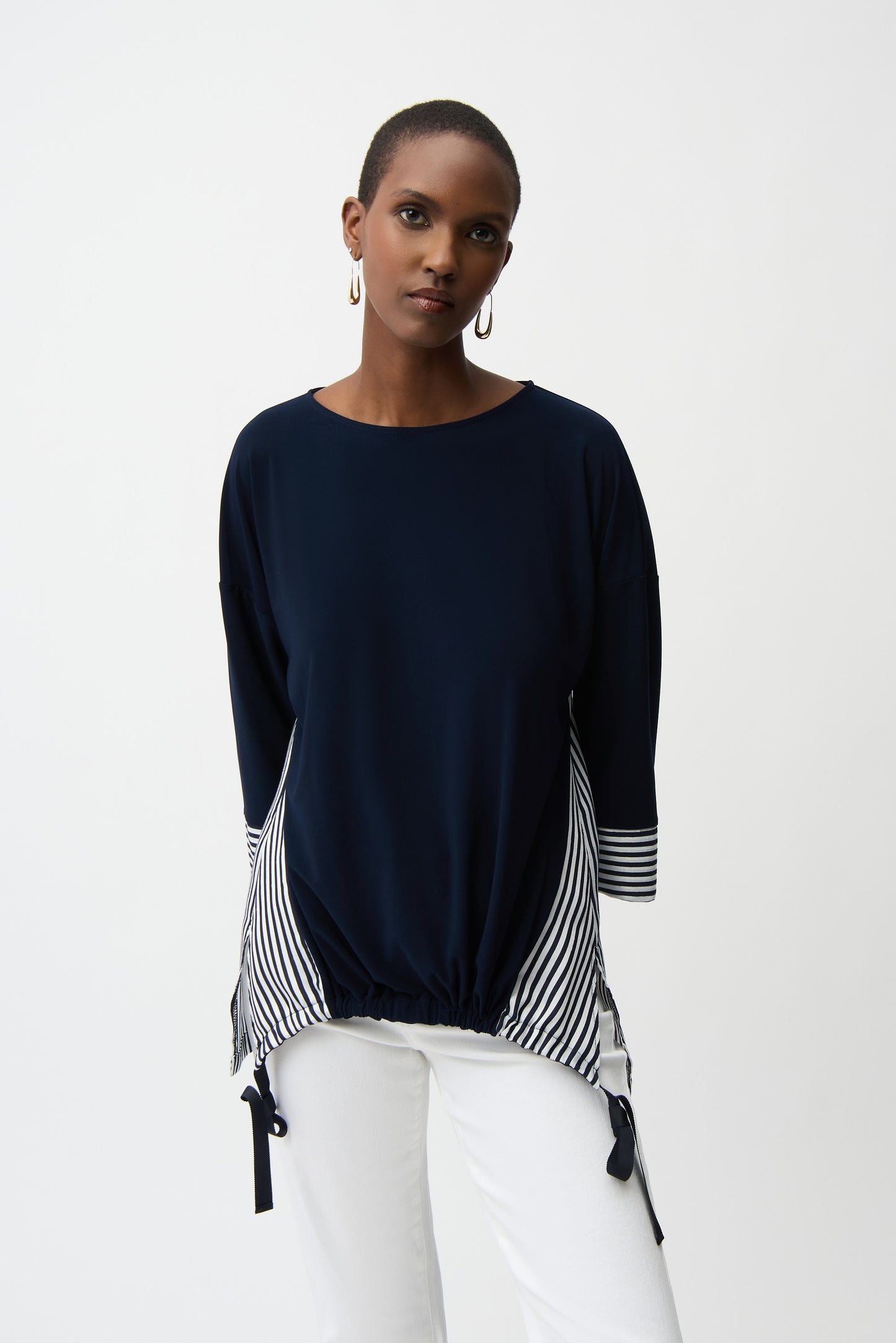 Silky Knit and Woven Stripe Top With High Low Hem | Navy/Off-White