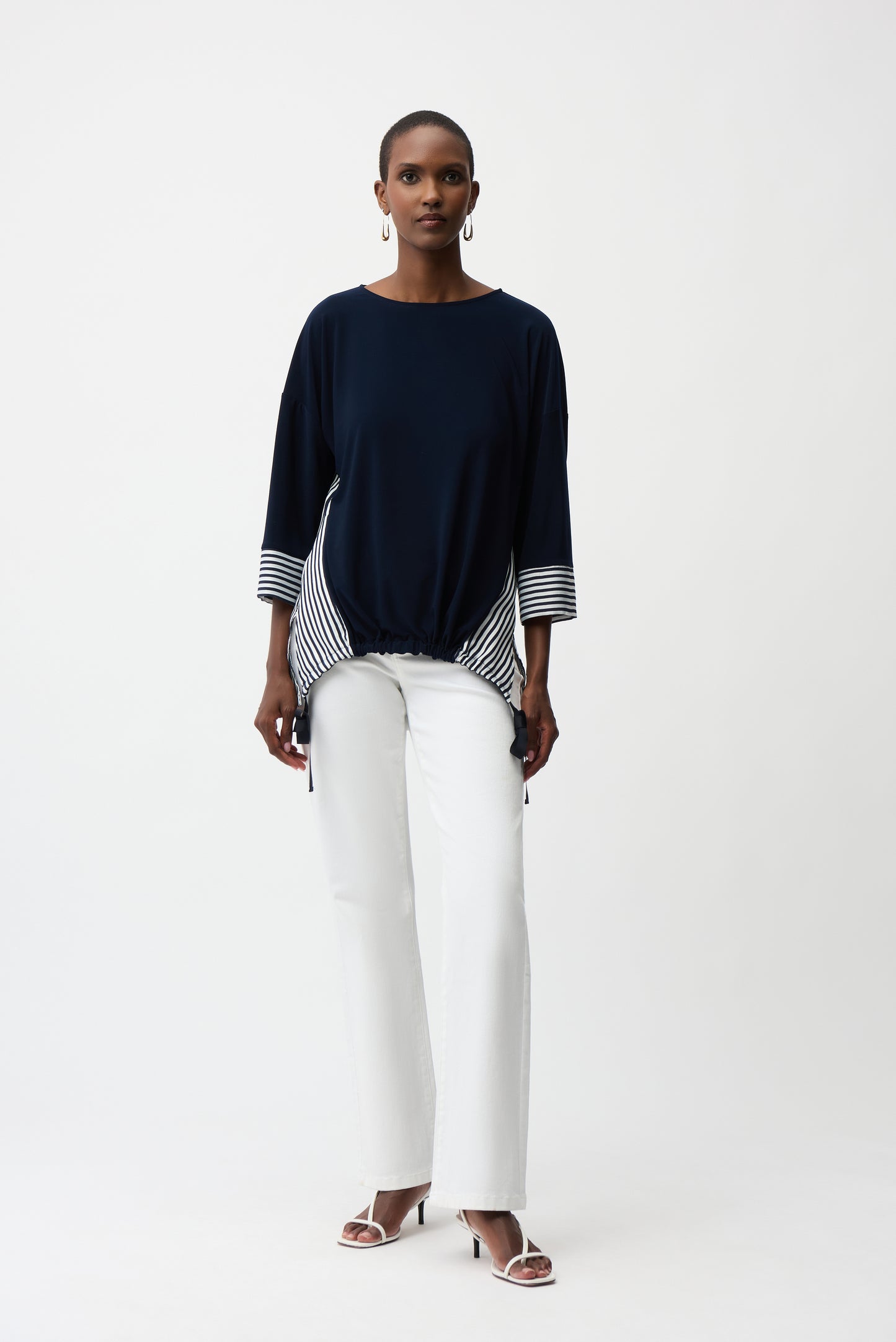 Silky Knit and Woven Stripe Top With High Low Hem | Navy/Off-White