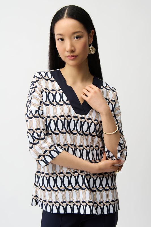 Stretch Poplin Geometric Print Tunic | Vanilla/Multi